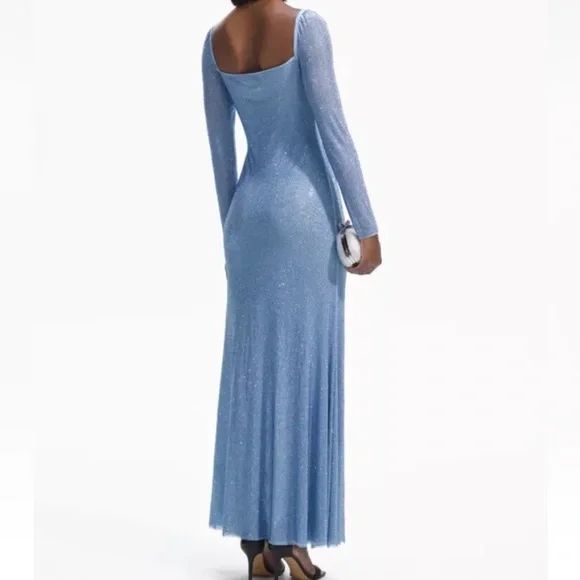 Self-Portrait Iridescent Blue Crystal Rhinestone Long Sleeve Maxi Gown Size 4 - Picture 2 of 16